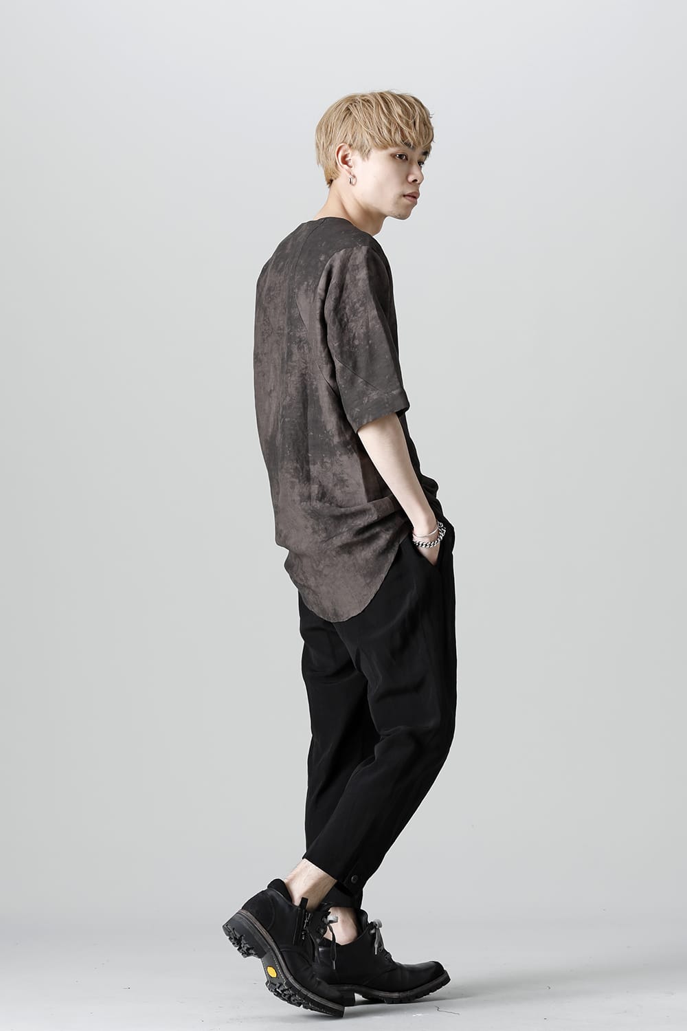 Uneven Dyed Rayon×Linen×Ramie Crew Neck Short Sleeves Pullover  Charcoal