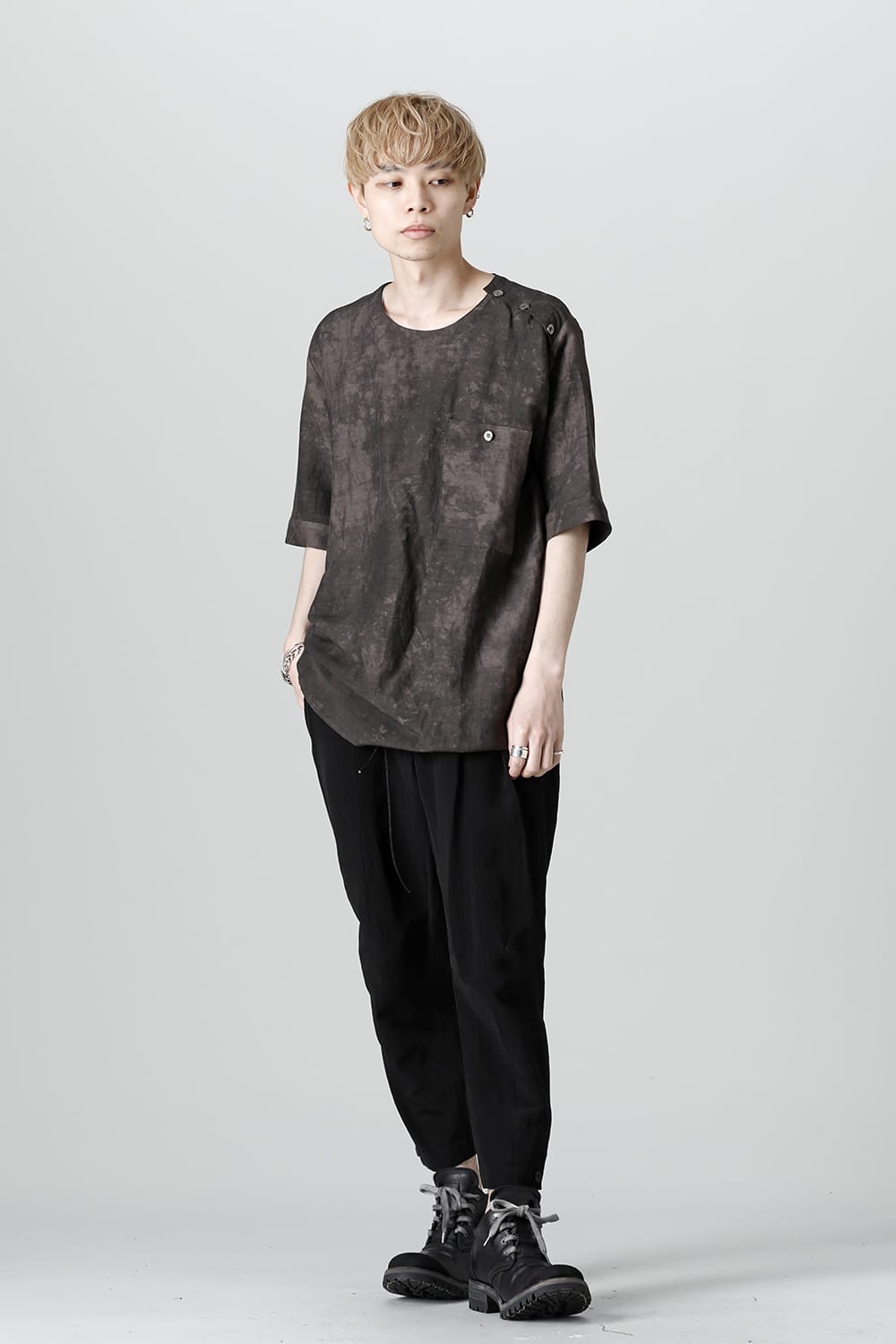 Uneven Dyed Rayon×Linen×Ramie Crew Neck Short Sleeves Pullover  Charcoal