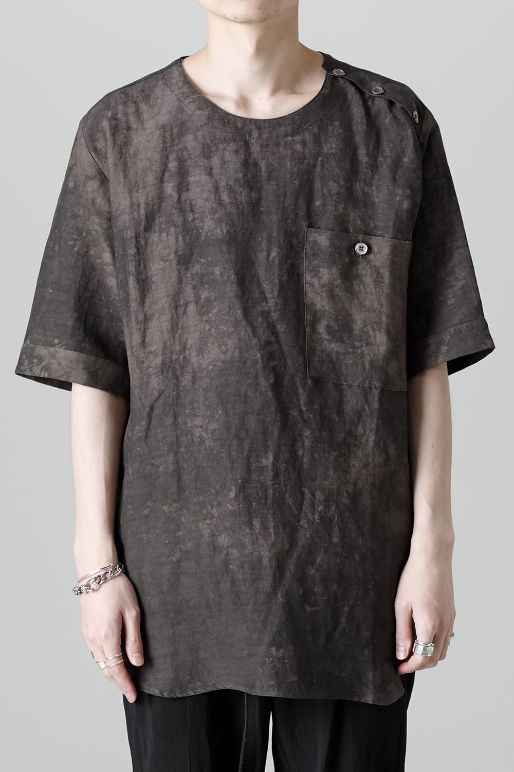 Uneven Dyed Rayon×Linen×Ramie Crew Neck Short Sleeves Pullover  Charcoal