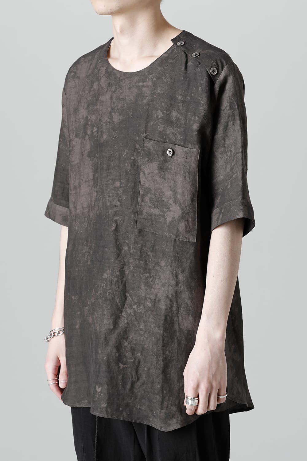 Uneven Dyed Rayon×Linen×Ramie Crew Neck Short Sleeves Pullover  Charcoal