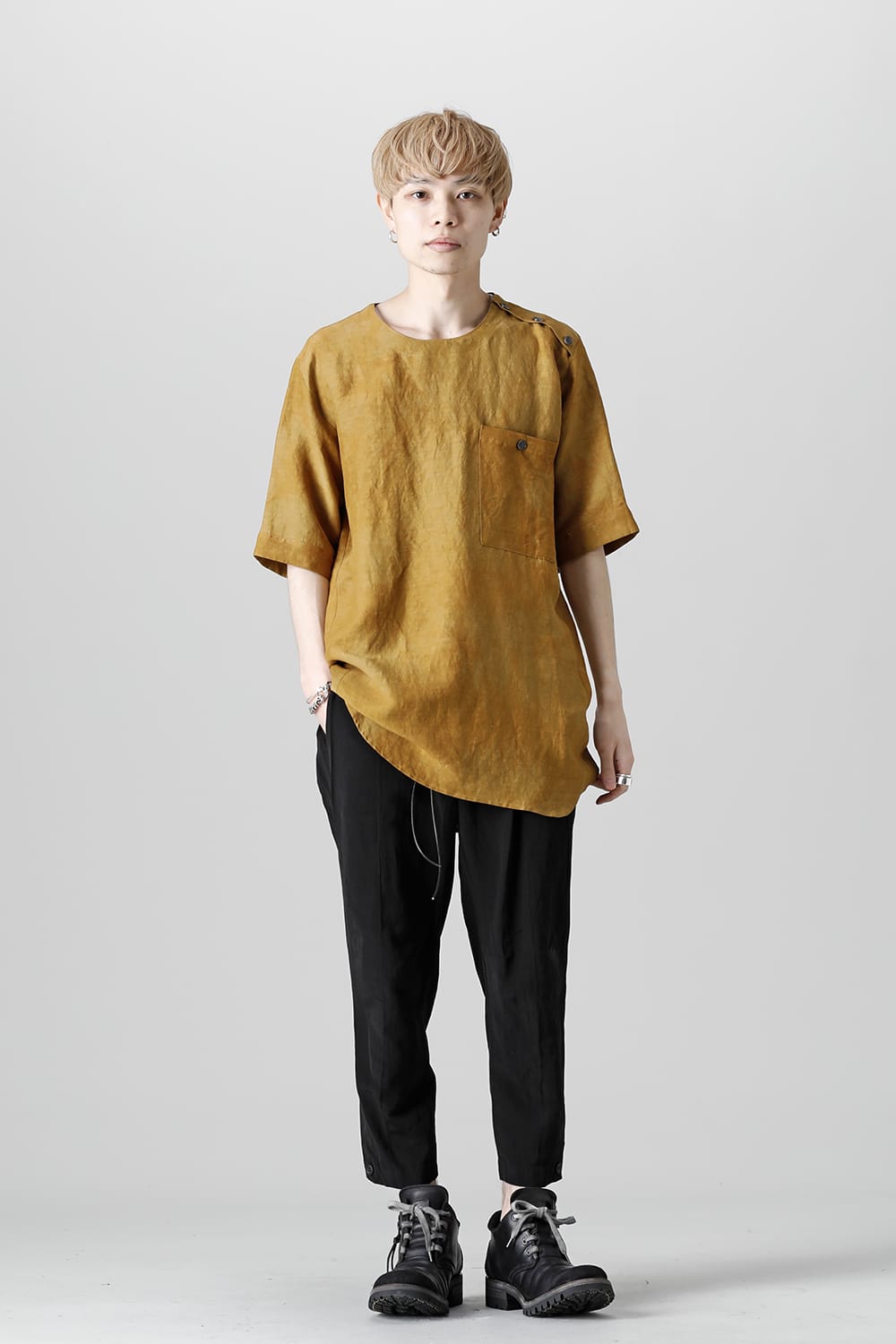 Uneven Dyed Rayon×Linen×Ramie Crew Neck Short Sleeves Pullover  Mustard