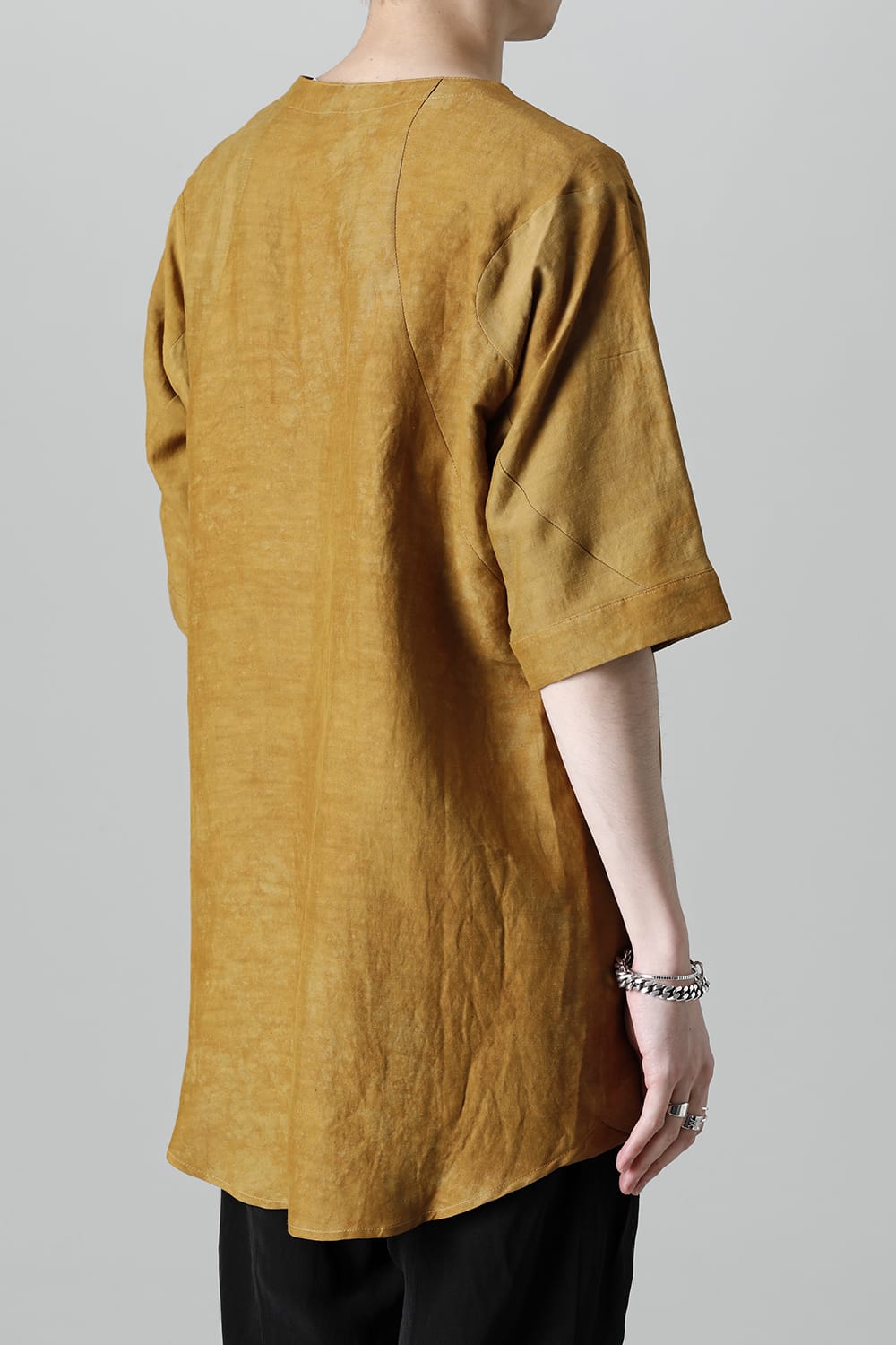 Uneven Dyed Rayon×Linen×Ramie Crew Neck Short Sleeves Pullover  Mustard