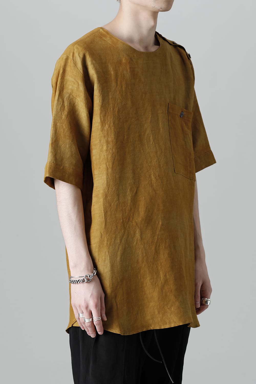 Uneven Dyed Rayon×Linen×Ramie Crew Neck Short Sleeves Pullover  Mustard