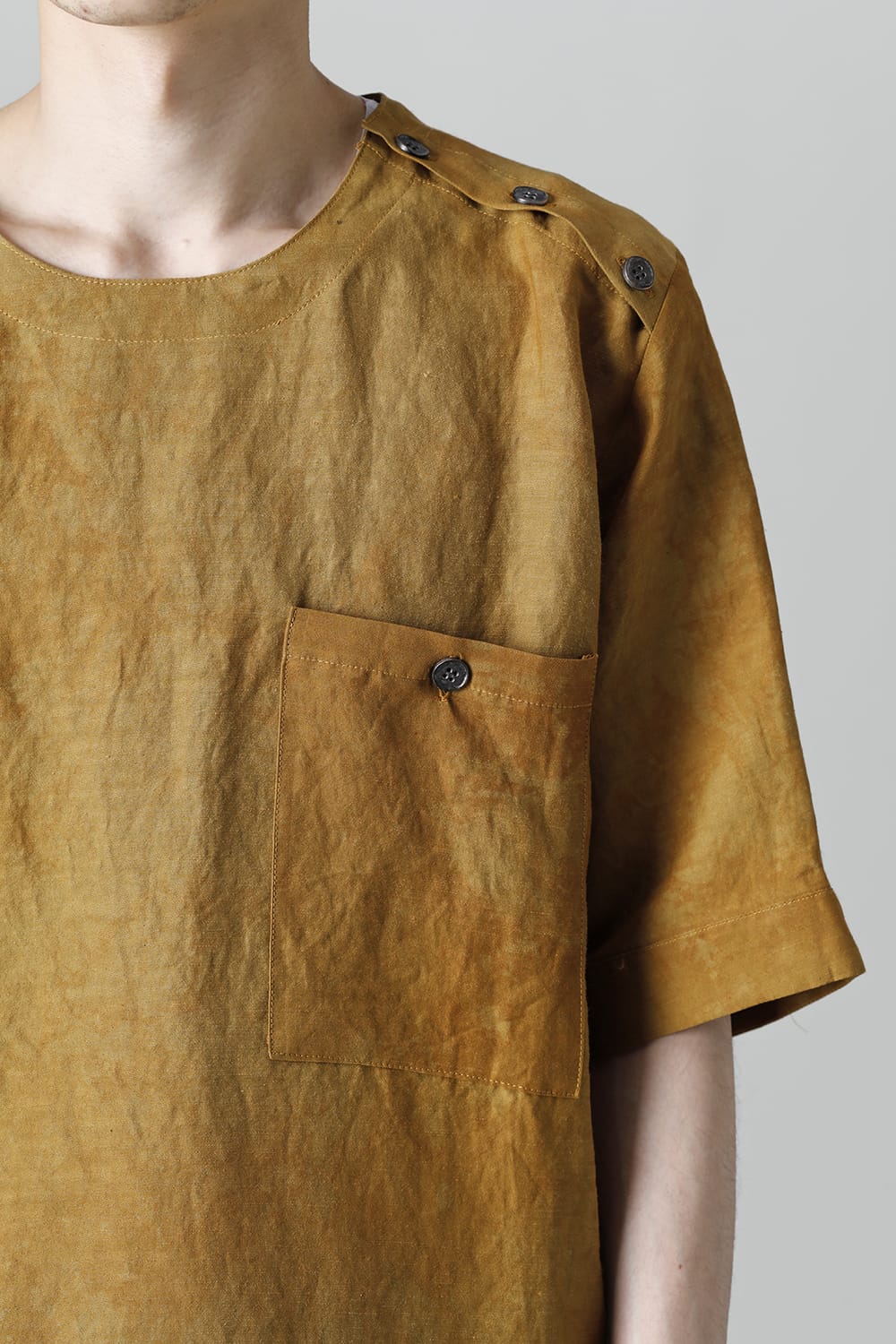 Uneven Dyed Rayon×Linen×Ramie Crew Neck Short Sleeves Pullover  Mustard