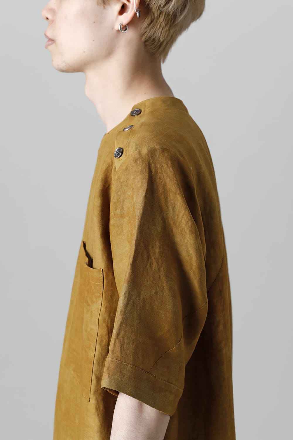 Uneven Dyed Rayon×Linen×Ramie Crew Neck Short Sleeves Pullover  Mustard