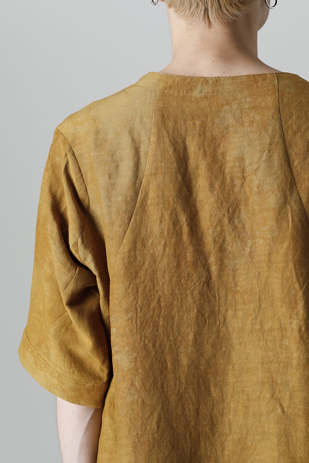 Uneven Dyed Rayon×Linen×Ramie Crew Neck Short Sleeves Pullover  Mustard