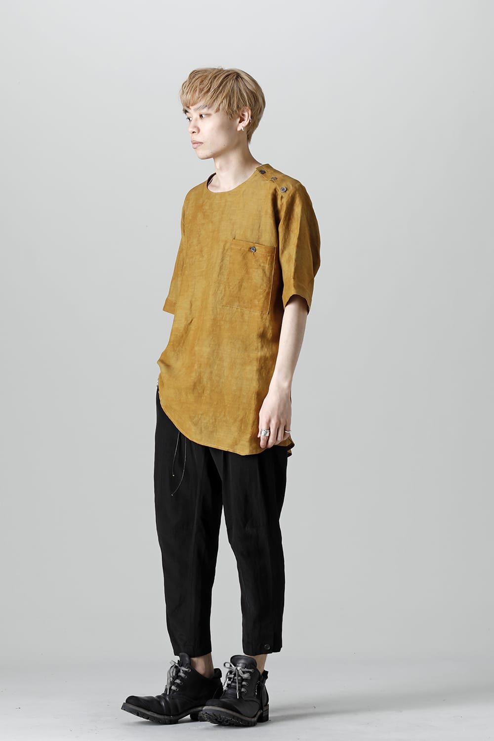 Uneven Dyed Rayon×Linen×Ramie Crew Neck Short Sleeves Pullover  Mustard