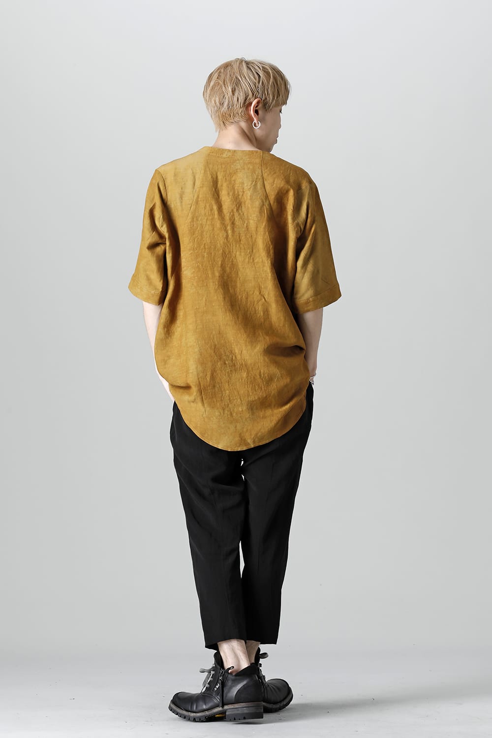 Uneven Dyed Rayon×Linen×Ramie Crew Neck Short Sleeves Pullover  Mustard