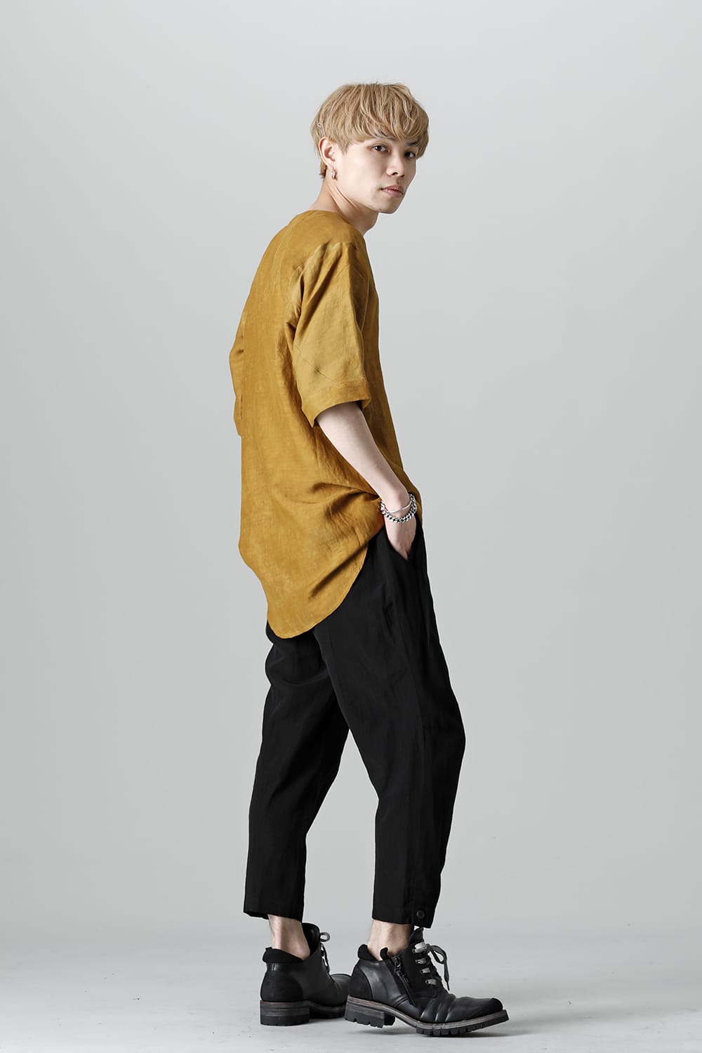 Uneven Dyed Rayon×Linen×Ramie Crew Neck Short Sleeves Pullover  Mustard