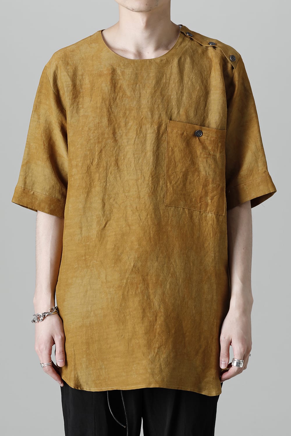 Uneven Dyed Rayon×Linen×Ramie Crew Neck Short Sleeves Pullover  Mustard