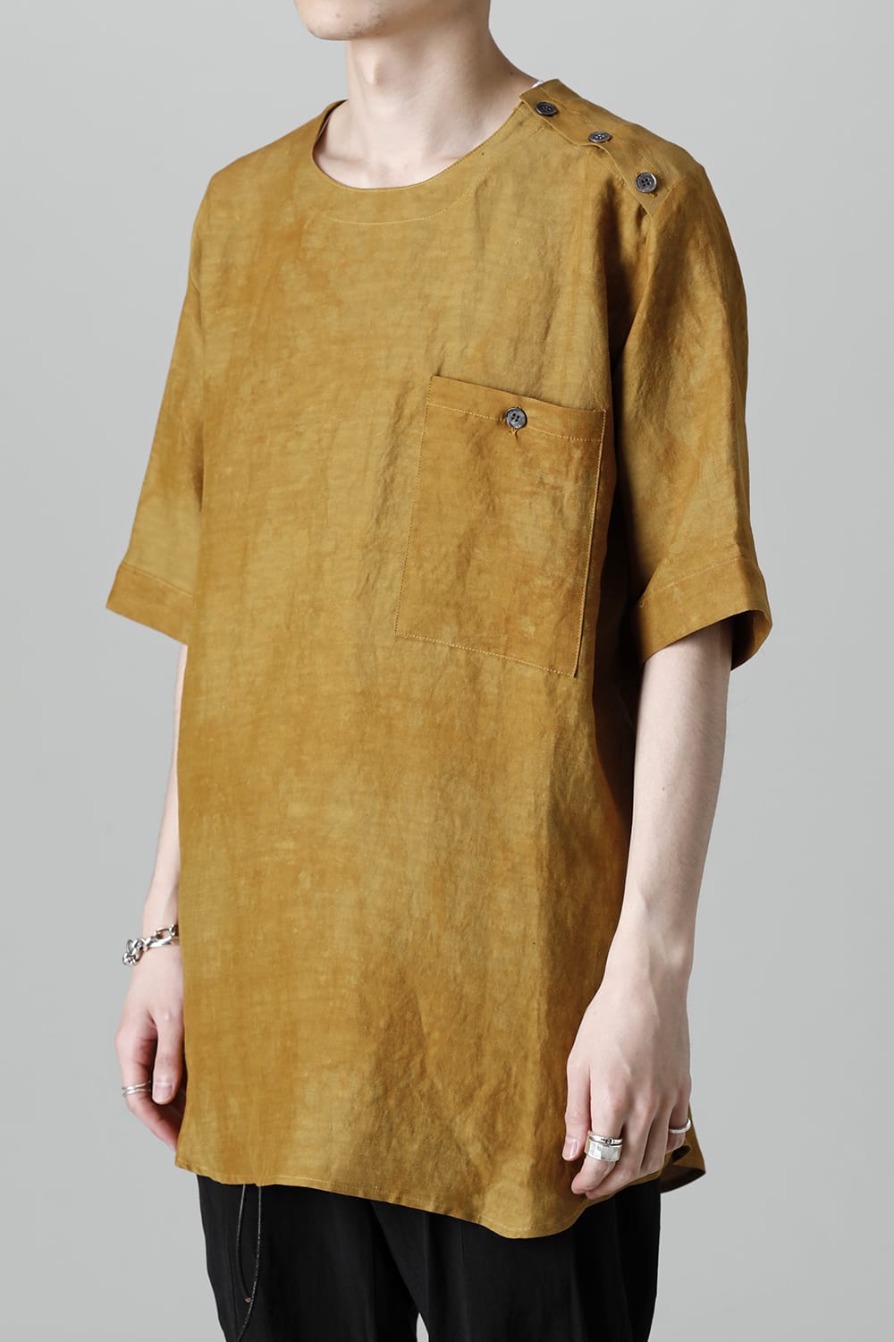 Uneven Dyed Rayon×Linen×Ramie Crew Neck Short Sleeves Pullover  Mustard