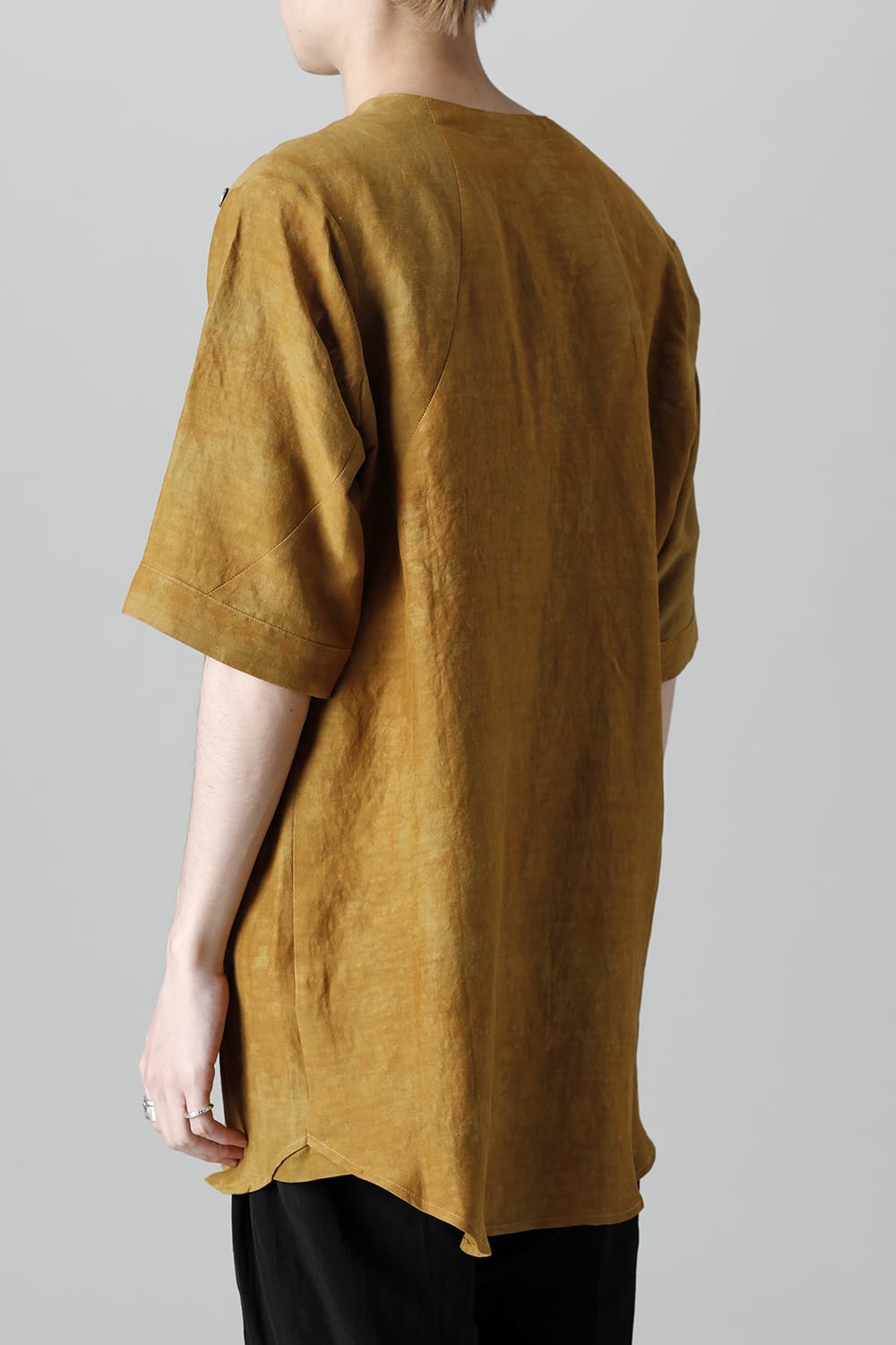 Uneven Dyed Rayon×Linen×Ramie Crew Neck Short Sleeves Pullover  Mustard