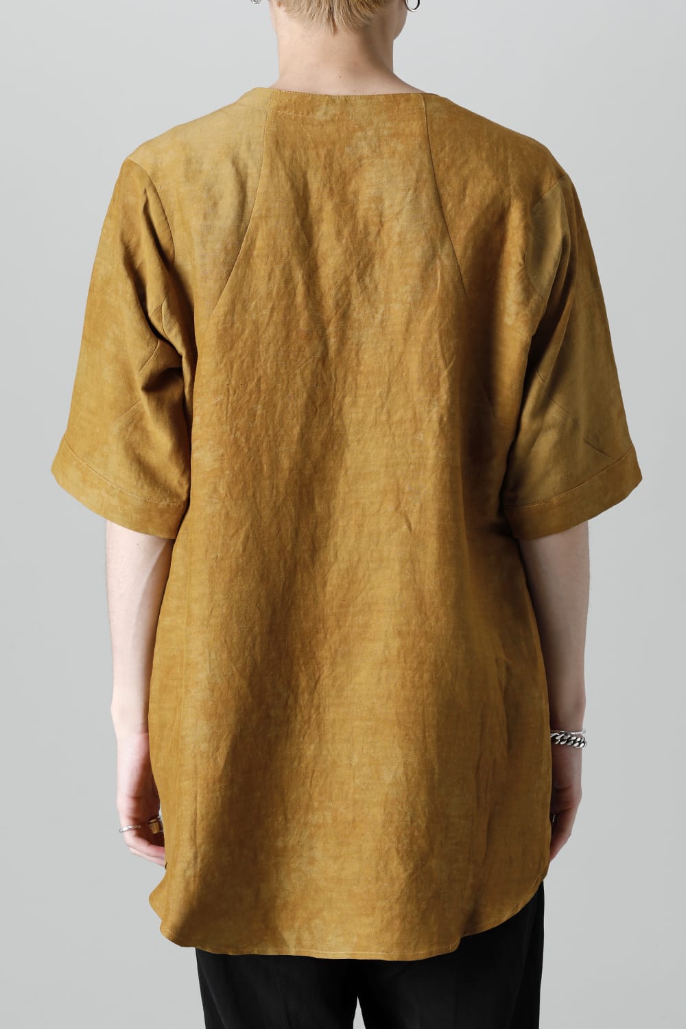 Uneven Dyed Rayon×Linen×Ramie Crew Neck Short Sleeves Pullover  Mustard