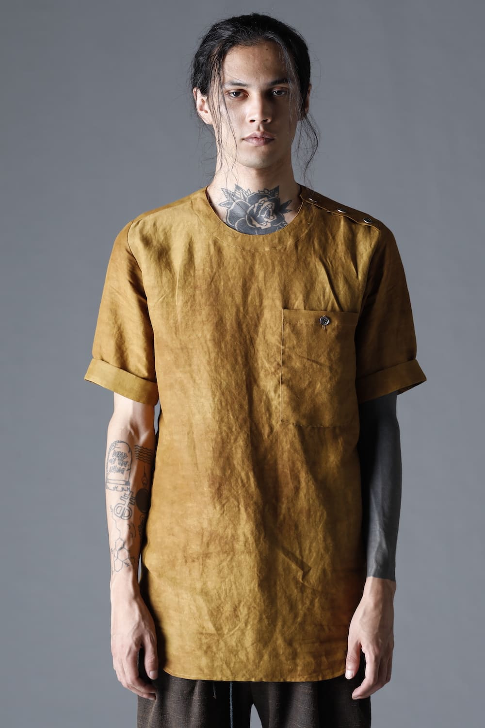 Uneven Dyed Rayon×Linen×Ramie Crew Neck Short Sleeves Pullover  Mustard