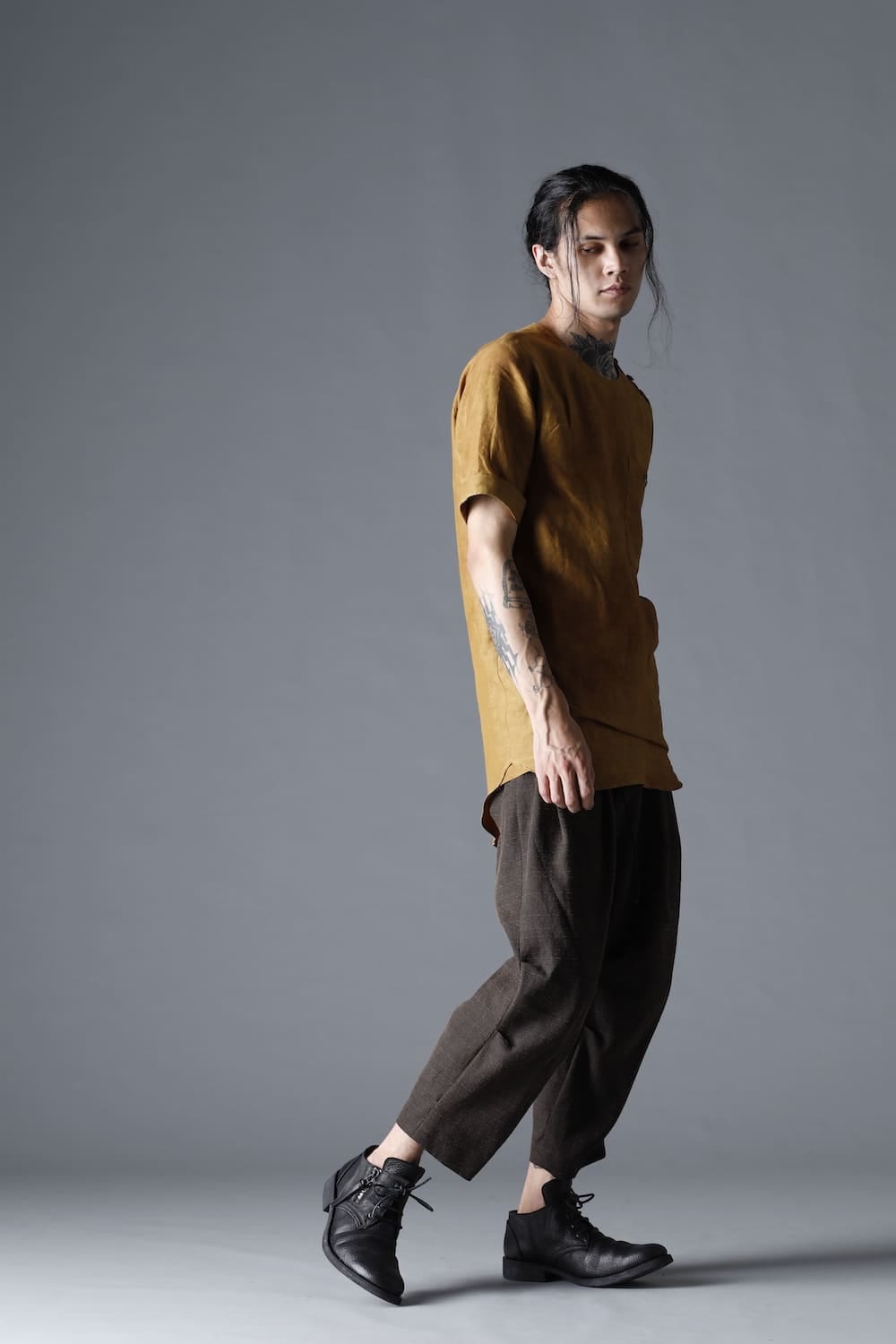 Uneven Dyed Rayon×Linen×Ramie Crew Neck Short Sleeves Pullover  Mustard