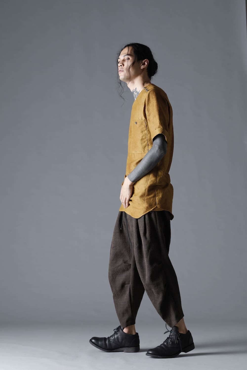 Uneven Dyed Rayon×Linen×Ramie Crew Neck Short Sleeves Pullover  Mustard