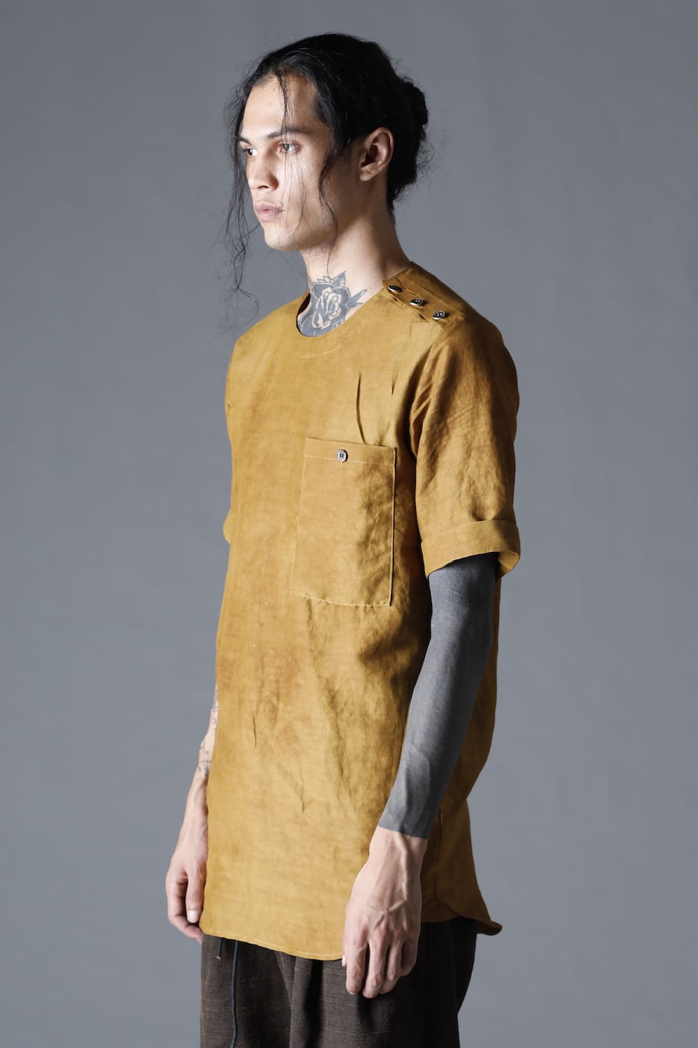 Uneven Dyed Rayon×Linen×Ramie Crew Neck Short Sleeves Pullover  Mustard