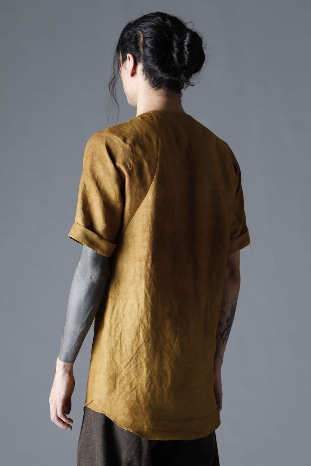 Uneven Dyed Rayon×Linen×Ramie Crew Neck Short Sleeves Pullover  Mustard