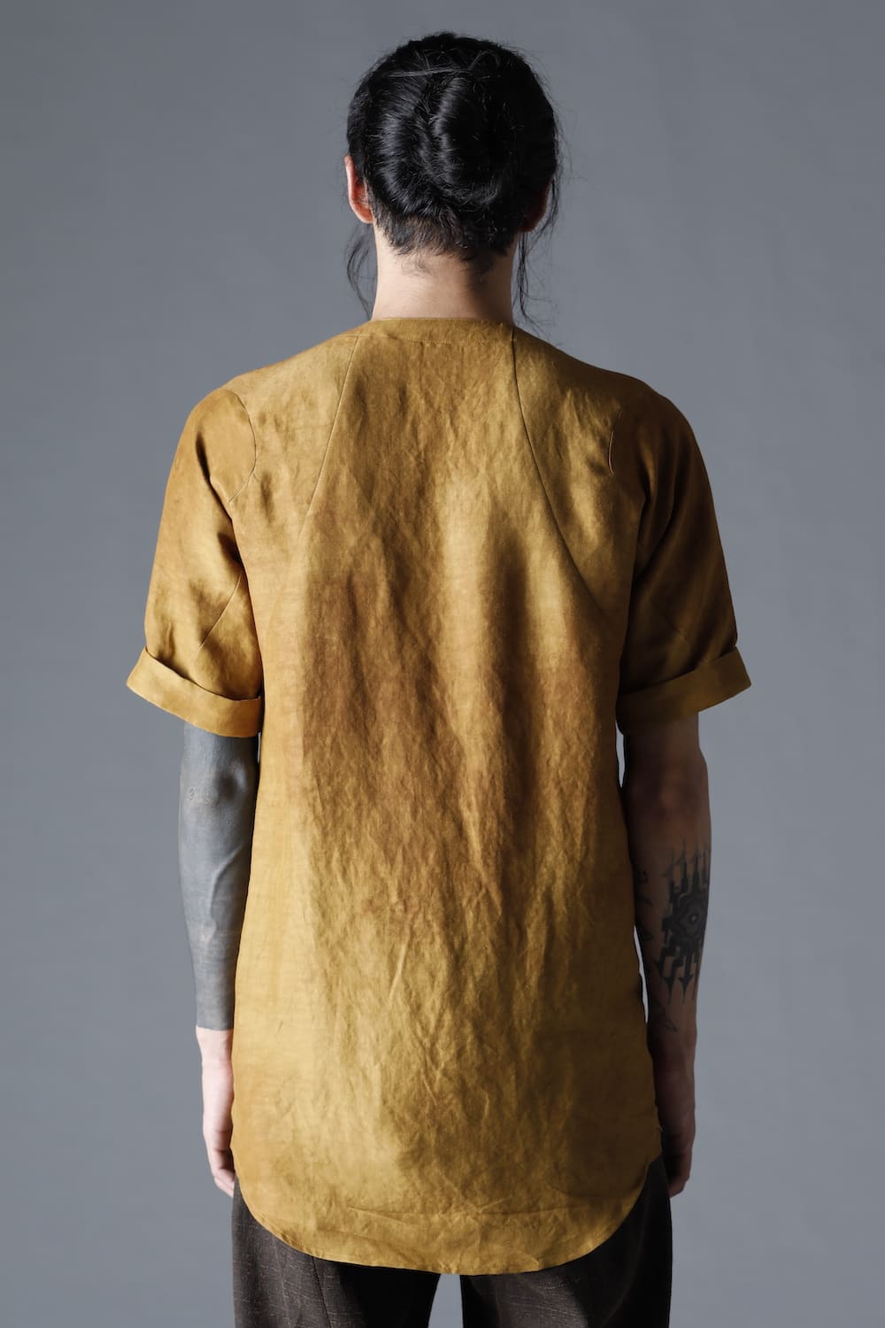 Uneven Dyed Rayon×Linen×Ramie Crew Neck Short Sleeves Pullover  Mustard