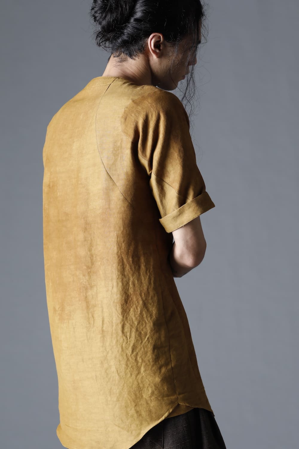 Uneven Dyed Rayon×Linen×Ramie Crew Neck Short Sleeves Pullover  Mustard