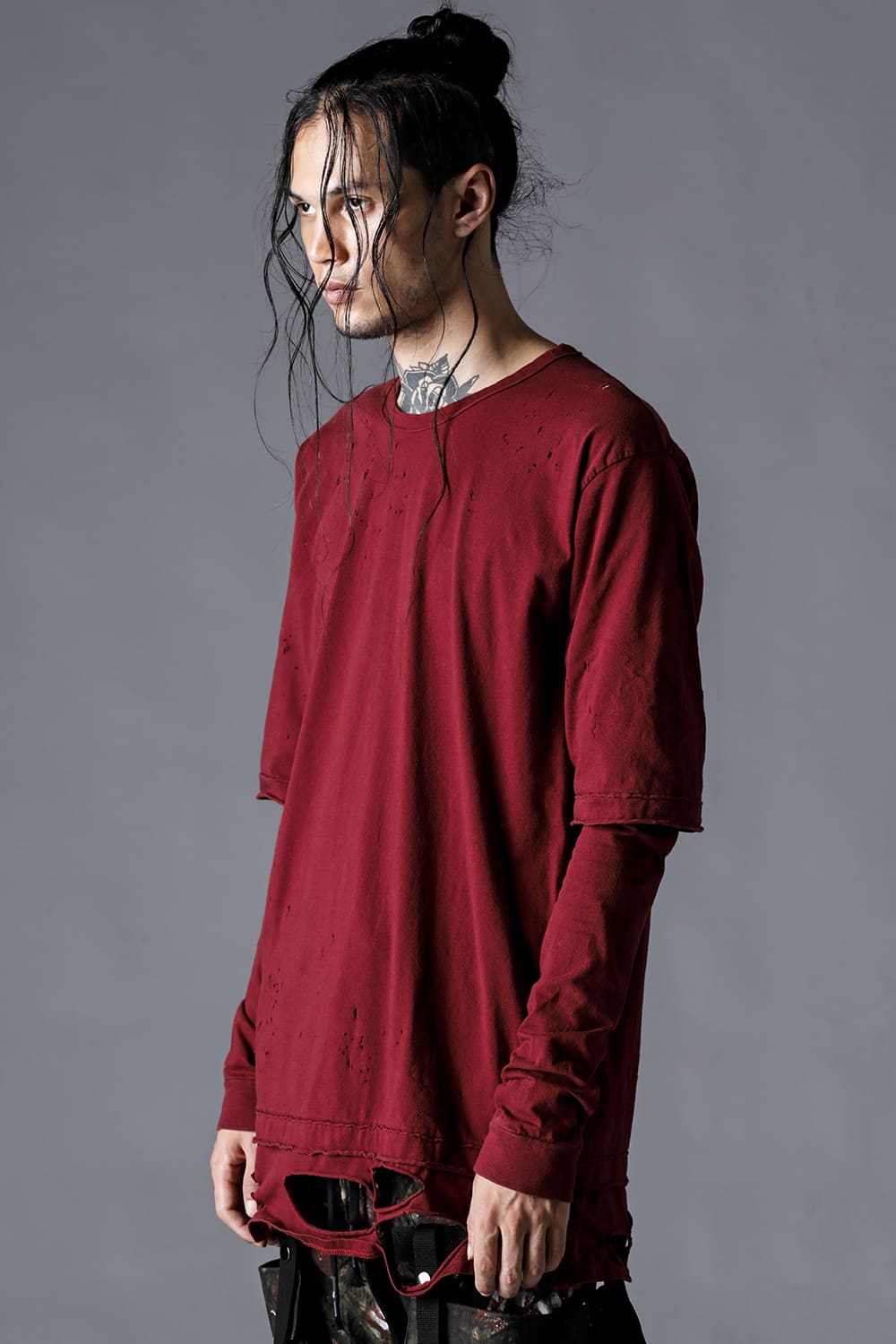 30/- Soft Cotton Jersey Damaged Layered T-Shirt Wine