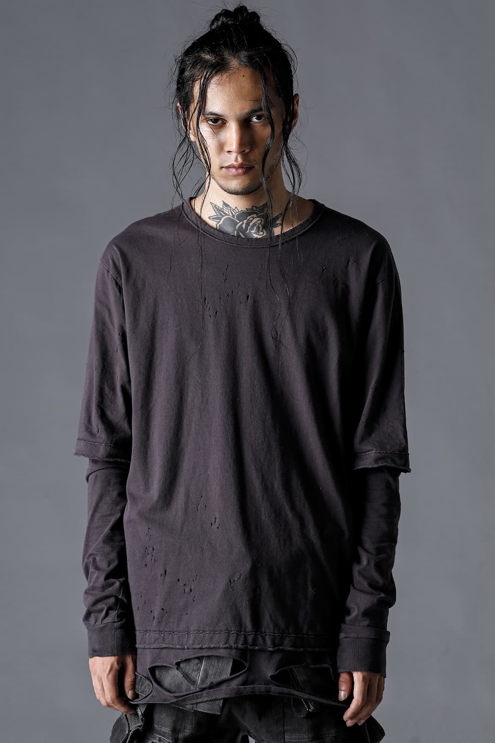 30/- Soft Cotton Jersey Damaged Layered T-Shirt Charcoal