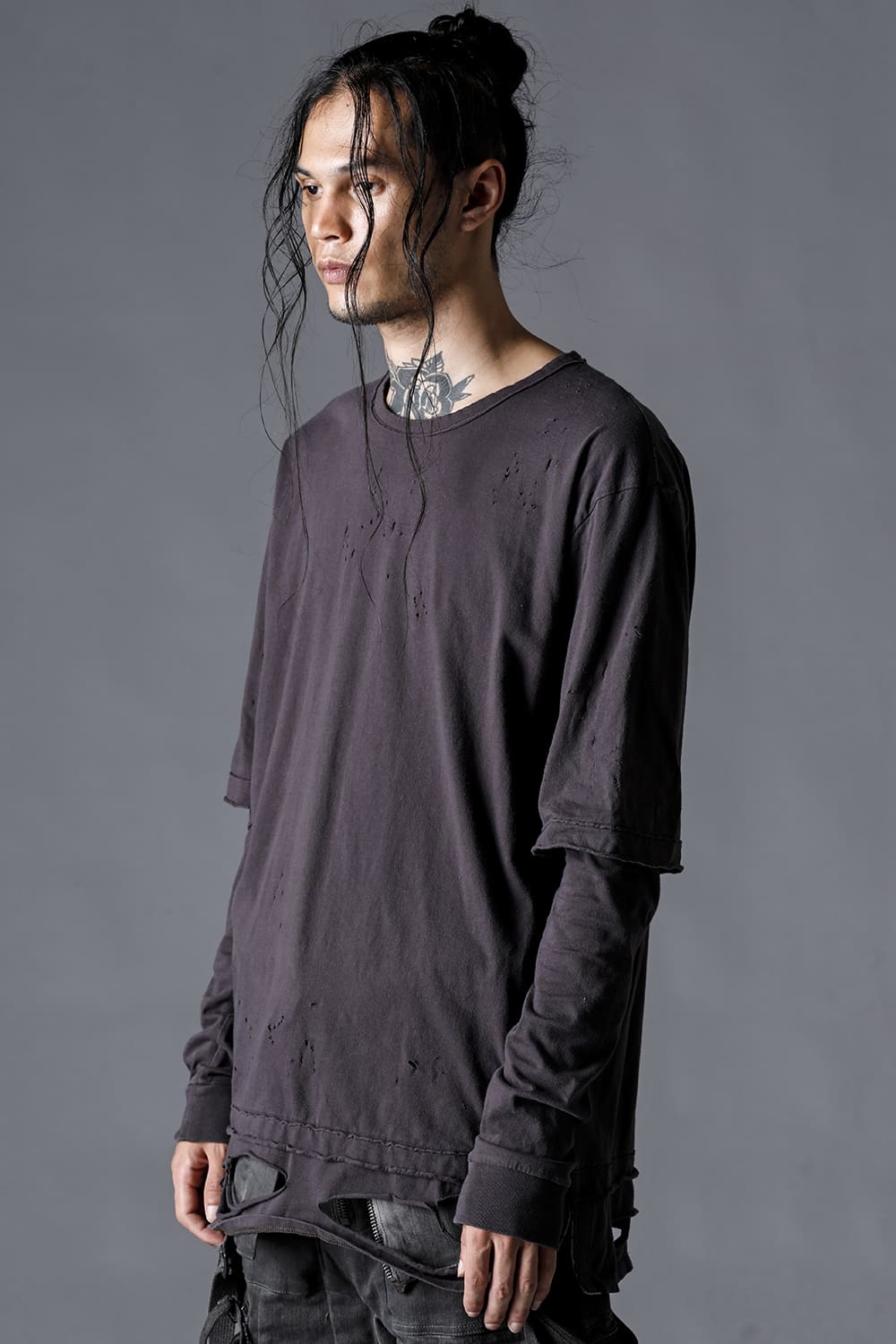 30/- Soft Cotton Jersey Damaged Layered T-Shirt Charcoal