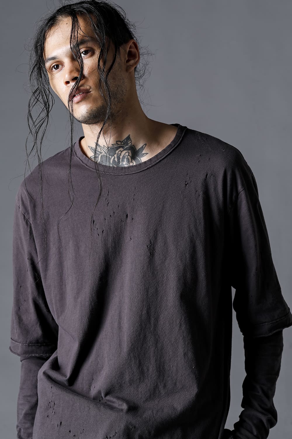 30/- Soft Cotton Jersey Damaged Layered T-Shirt Charcoal