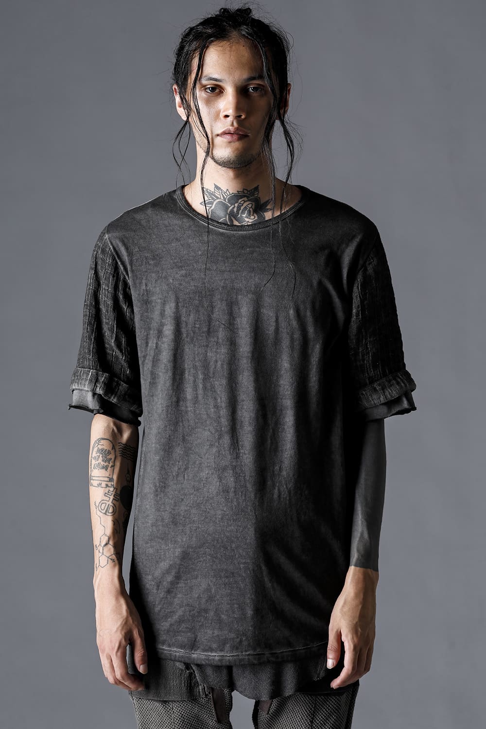 30/- Soft Cotton Jersey Cold Dye Layered Sleeve T-Shirt Charcoal