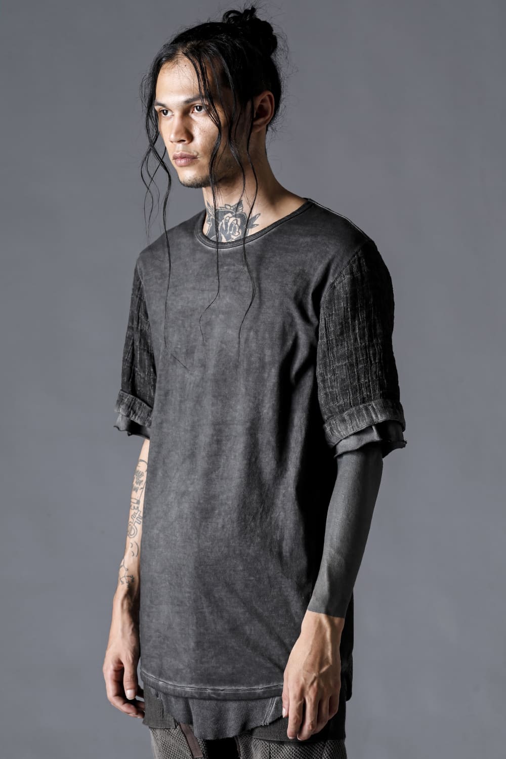 30/- Soft Cotton Jersey Cold Dye Layered Sleeve T-Shirt Charcoal