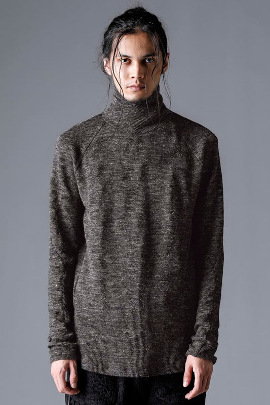 Shetland wool and linen knitted high neck long sleeve T-shirt  Brown