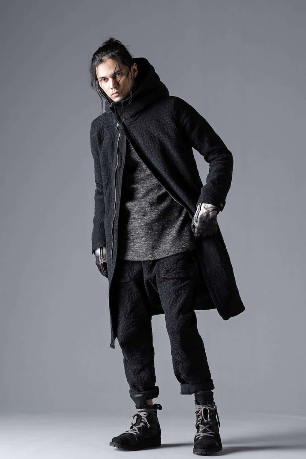 Shetland wool and linen knitted high neck long sleeve T-shirt  Charcoal