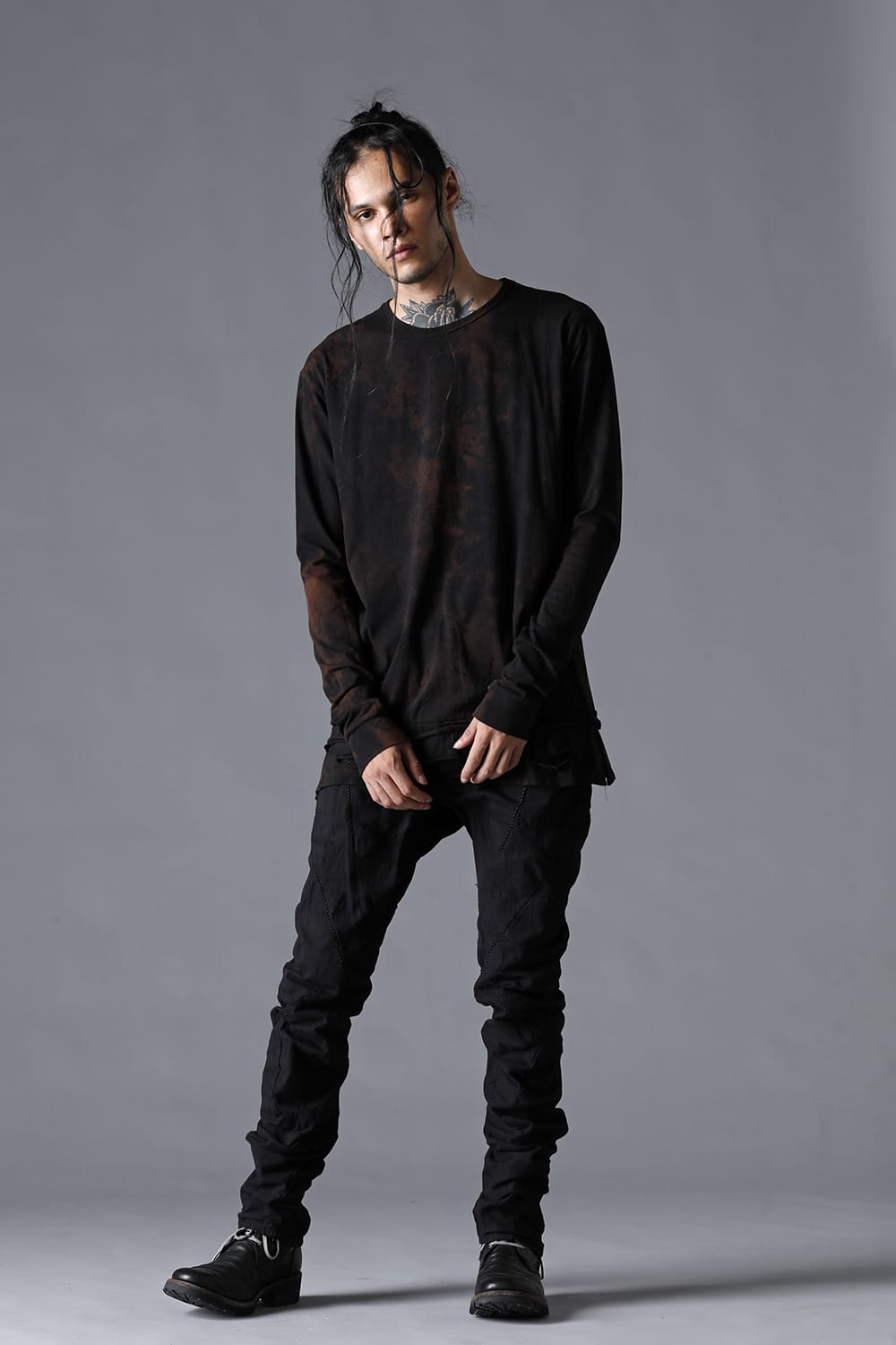 30/- Soft Cotton Jersey Damaged Long Sleeve T-Shirt  Black