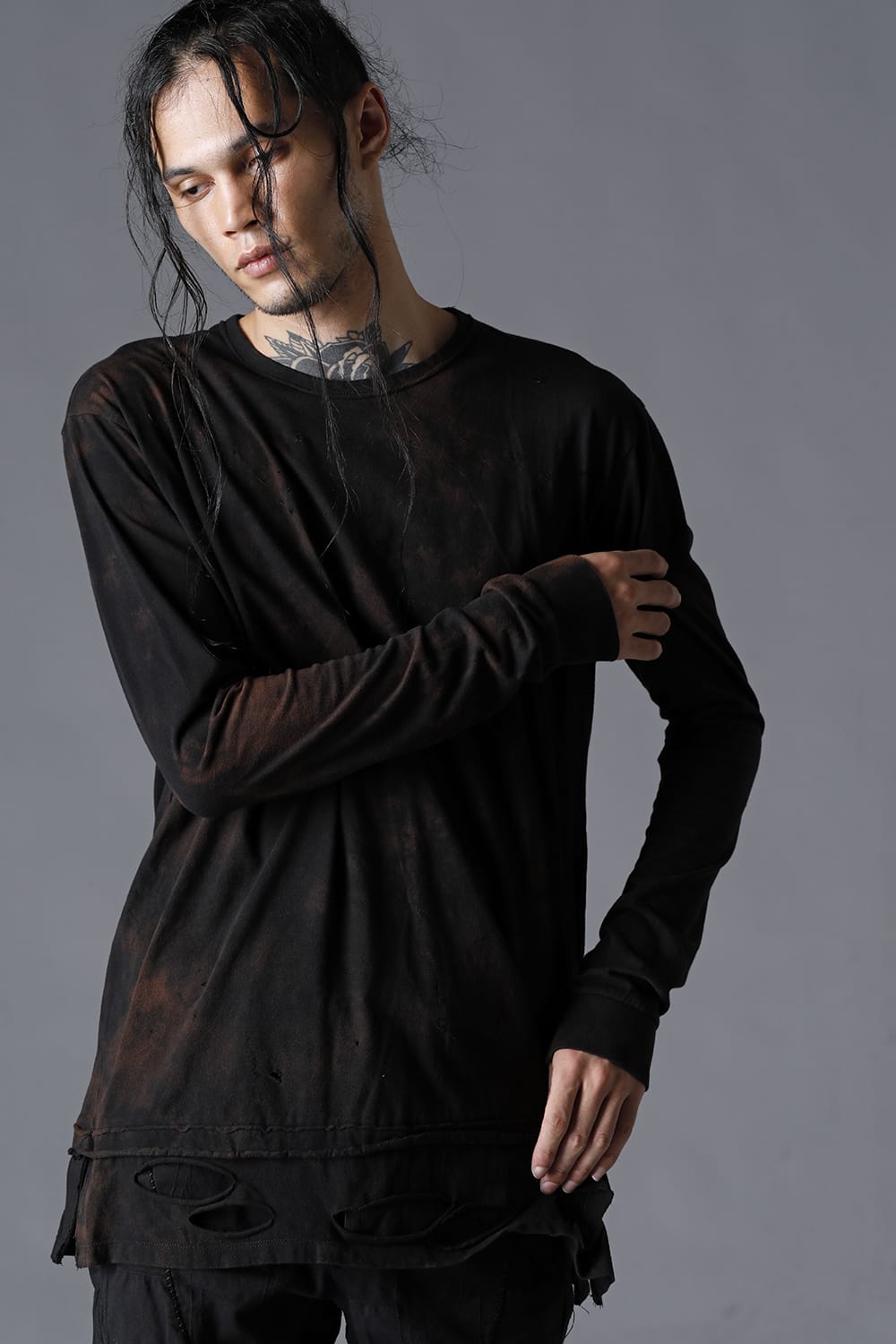 30/- Soft Cotton Jersey Damaged Long Sleeve T-Shirt  Black