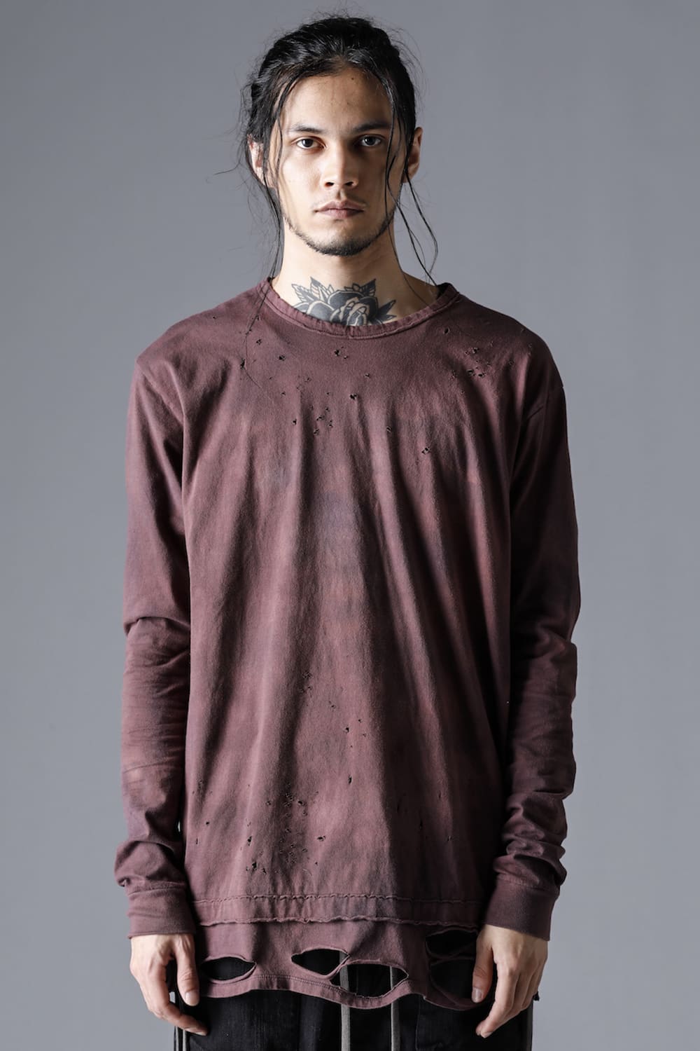 30/- Soft Cotton Jersey Damaged Long Sleeve T-Shirt  Wine