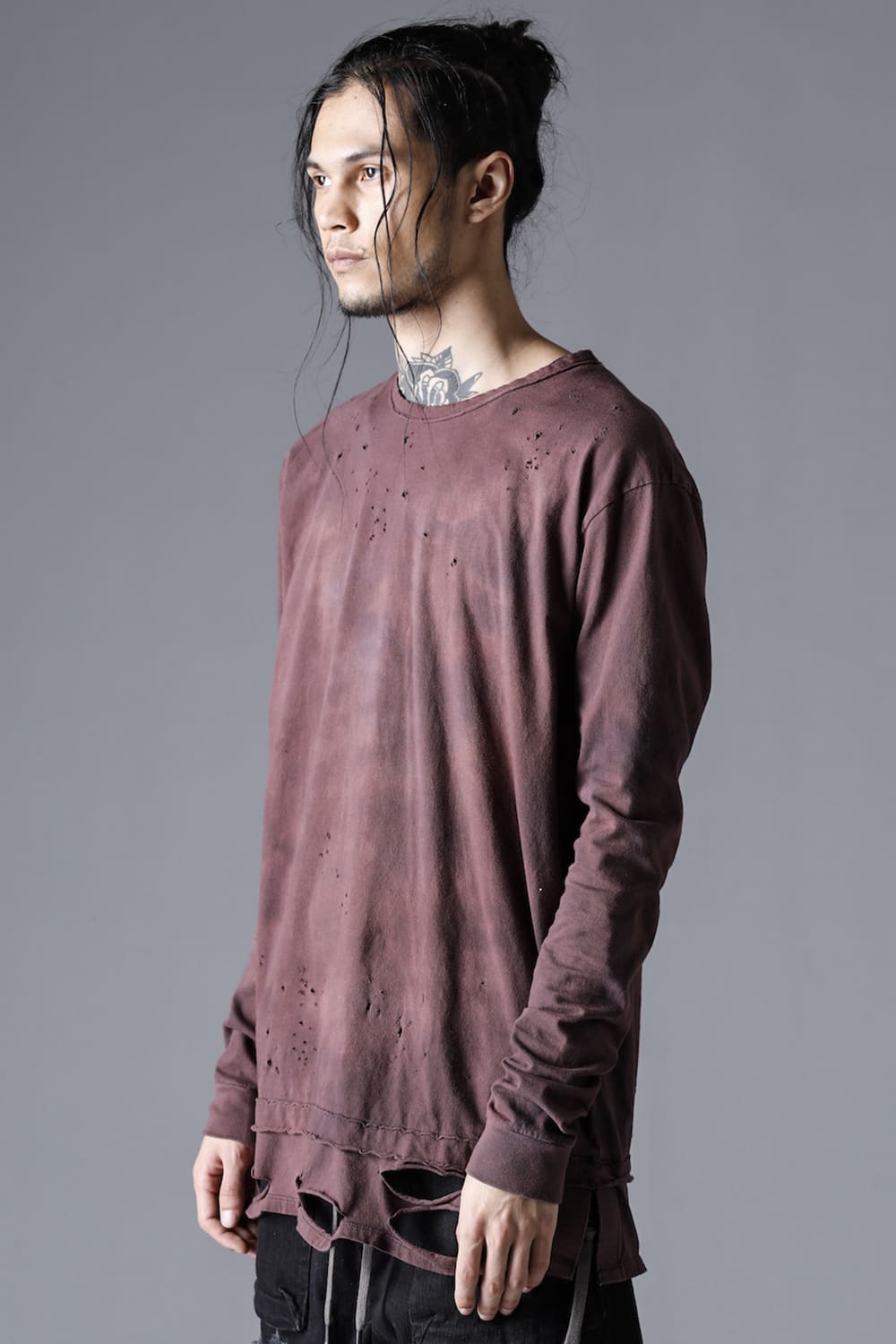 30/- Soft Cotton Jersey Damaged Long Sleeve T-Shirt  Wine