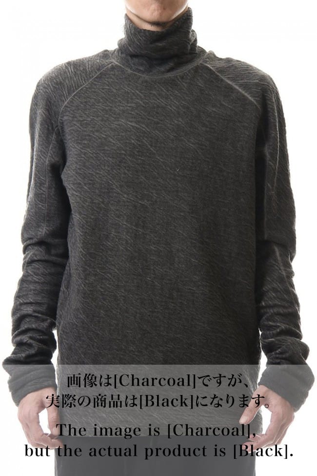 Dual layered Cotton Wool jersey High neck Long sleeve T-shirt Black