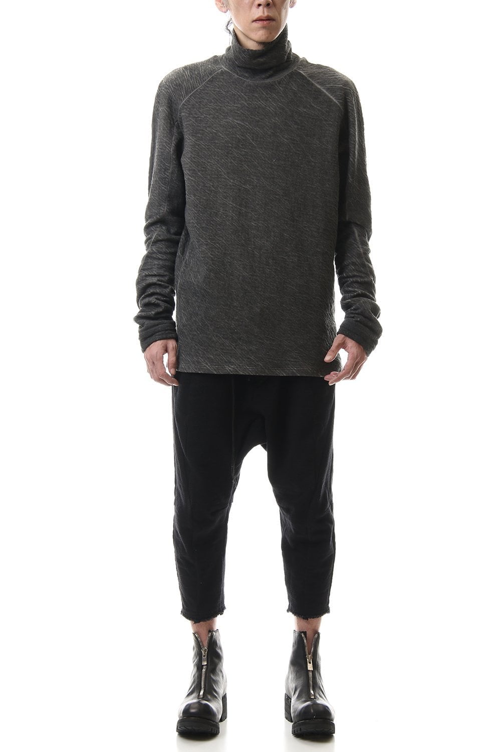 Dual layered Cotton Wool jersey High neck Long sleeve T-shirt Charcoal