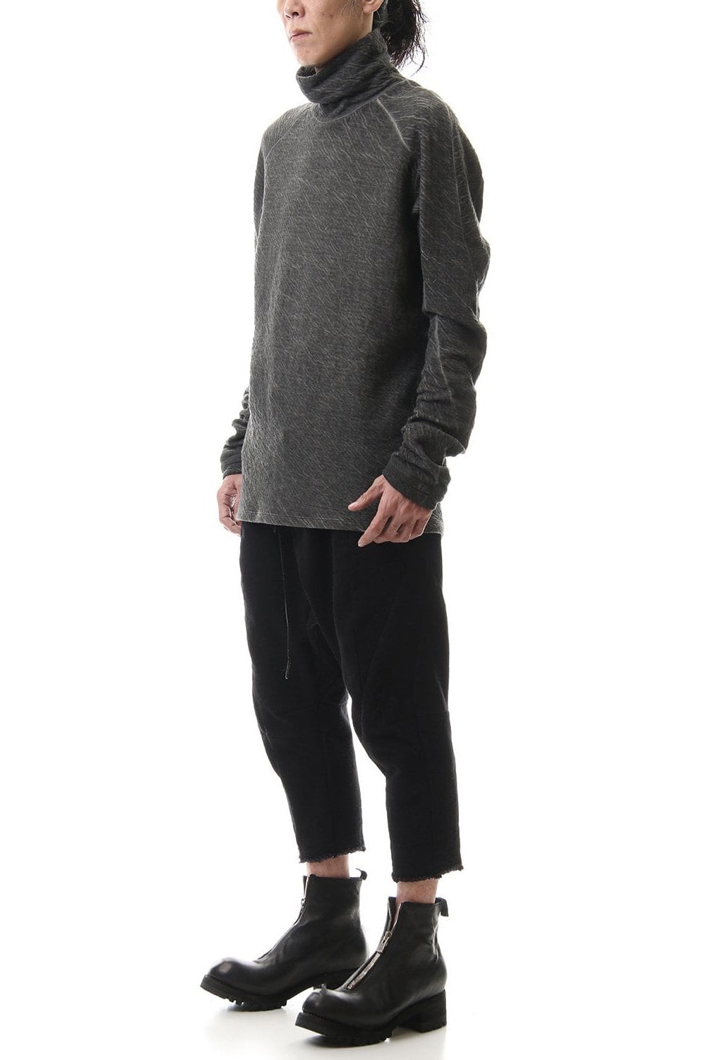Dual layered Cotton Wool jersey High neck Long sleeve T-shirt Charcoal