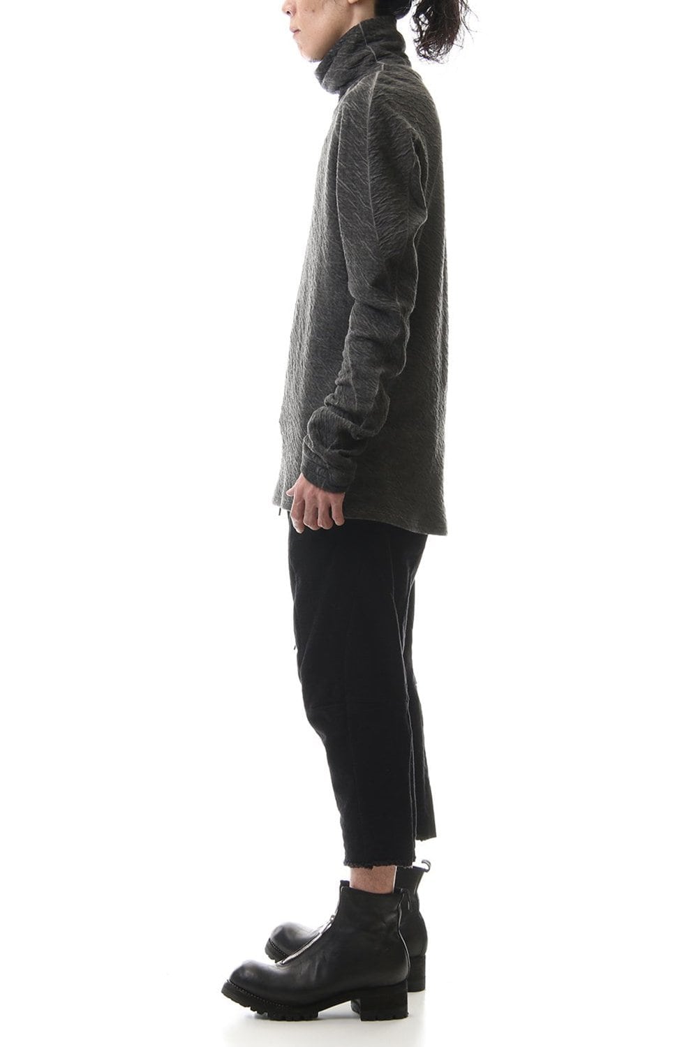 Dual layered Cotton Wool jersey High neck Long sleeve T-shirt Charcoal