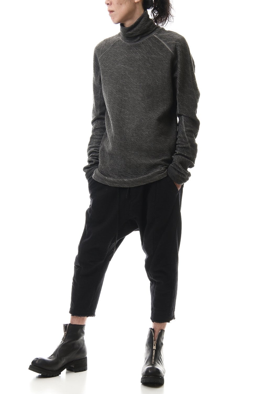 Dual layered Cotton Wool jersey High neck Long sleeve T-shirt Charcoal