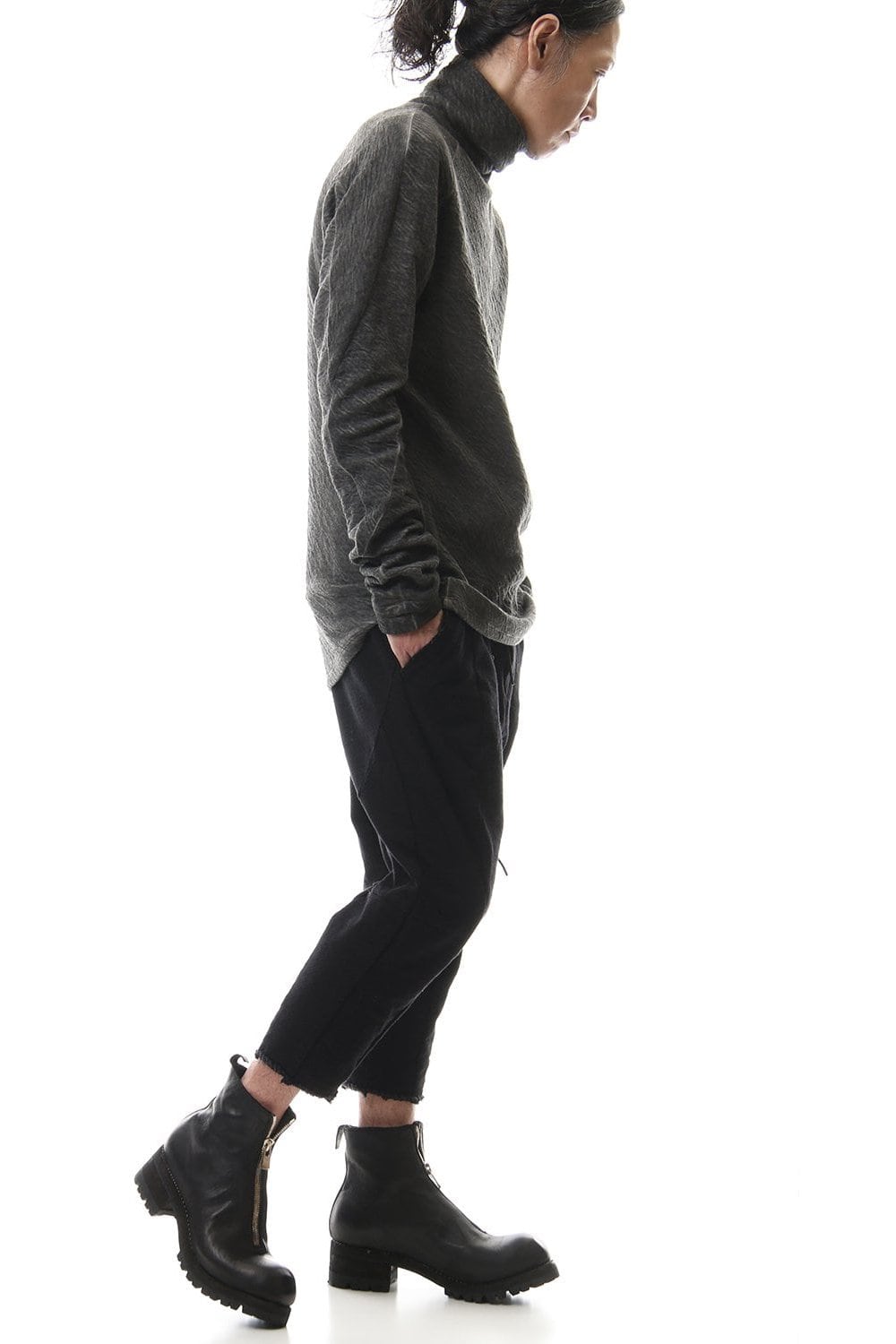 Dual layered Cotton Wool jersey High neck Long sleeve T-shirt Charcoal