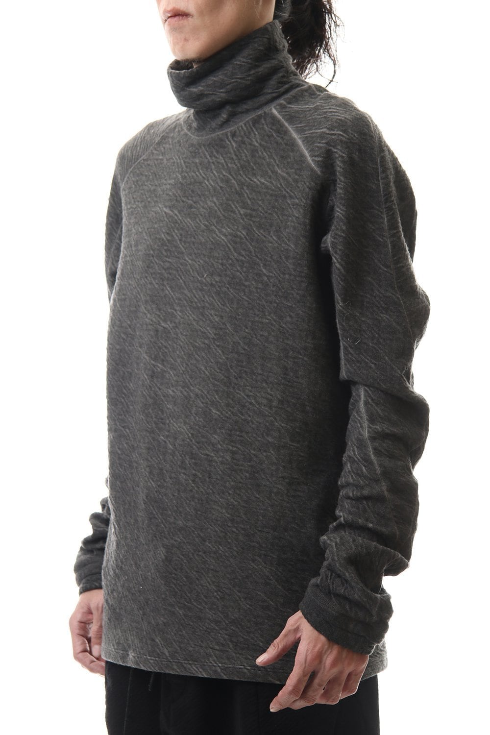 Dual layered Cotton Wool jersey High neck Long sleeve T-shirt Black