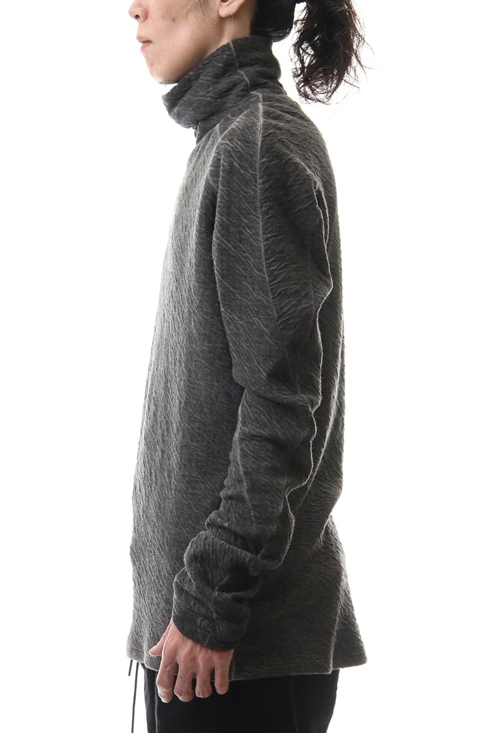 Dual layered Cotton Wool jersey High neck Long sleeve T-shirt Black