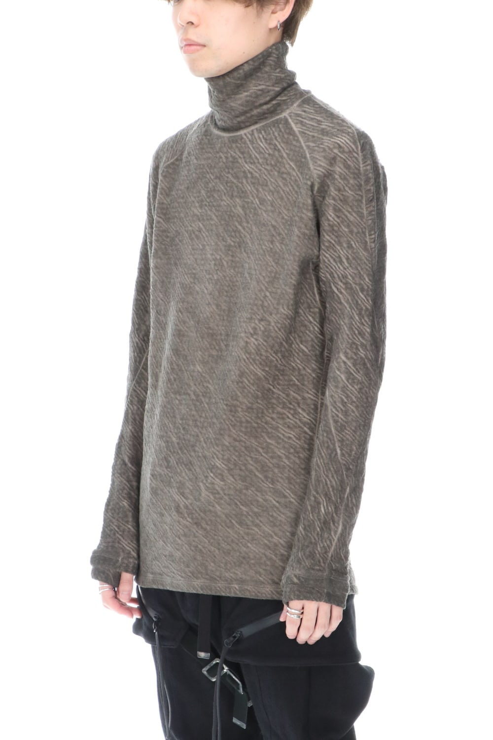 Dual layered Cotton Wool jersey High neck Long sleeve T-shirt Wood Gray