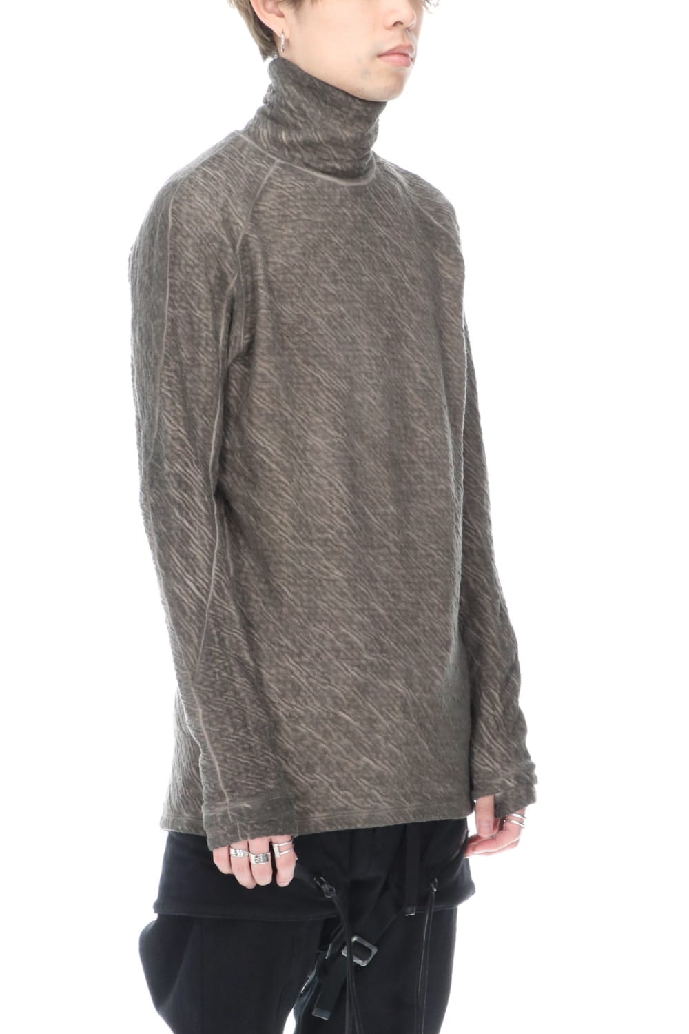 Dual layered Cotton Wool jersey High neck Long sleeve T-shirt Wood Gray