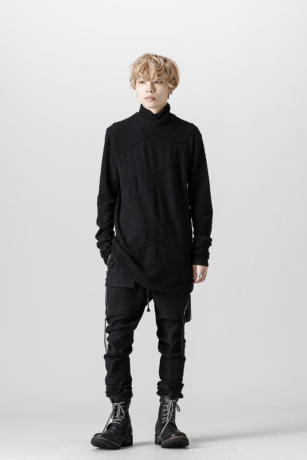 Cashmere x Wool Jacquard Knit Cross High-Neck Long Sleeve T-Shirt