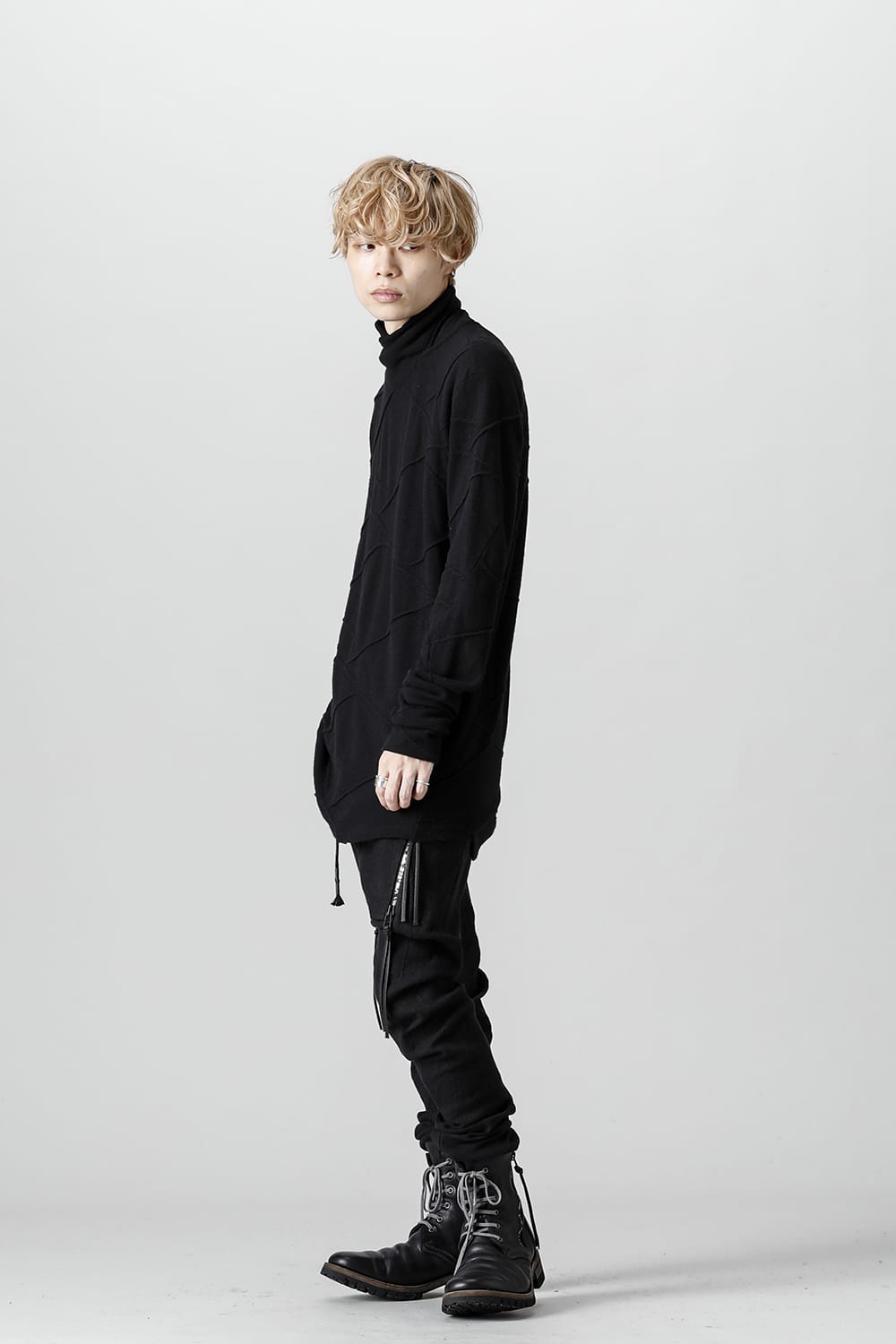 Cashmere x Wool Jacquard Knit Cross High-Neck Long Sleeve T-Shirt