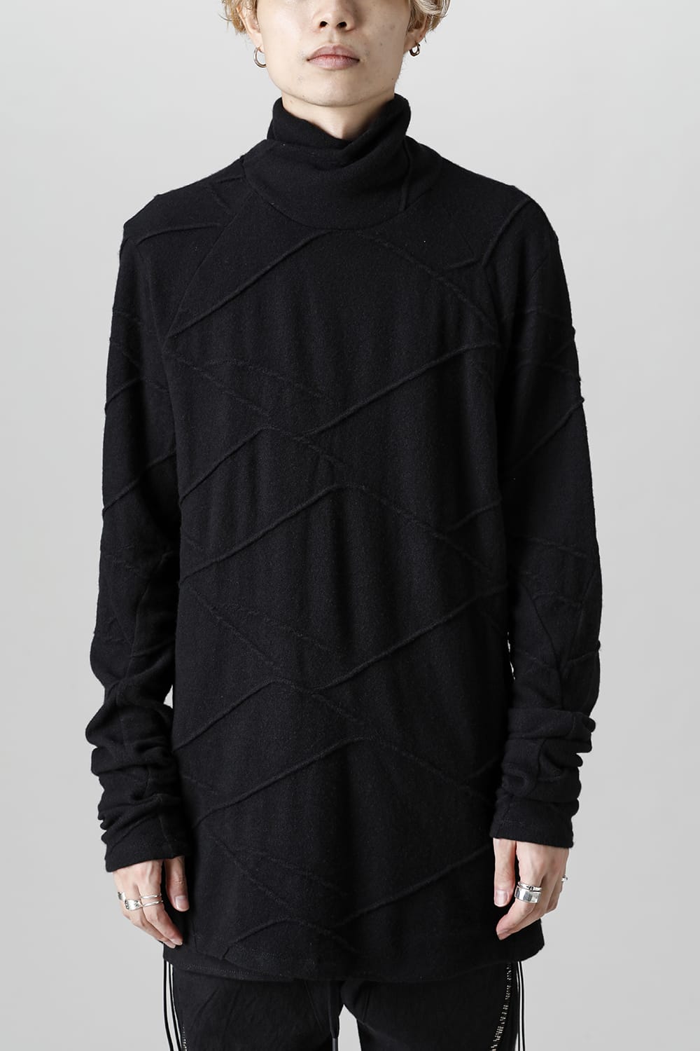 Cashmere x Wool Jacquard Knit Cross High-Neck Long Sleeve T-Shirt