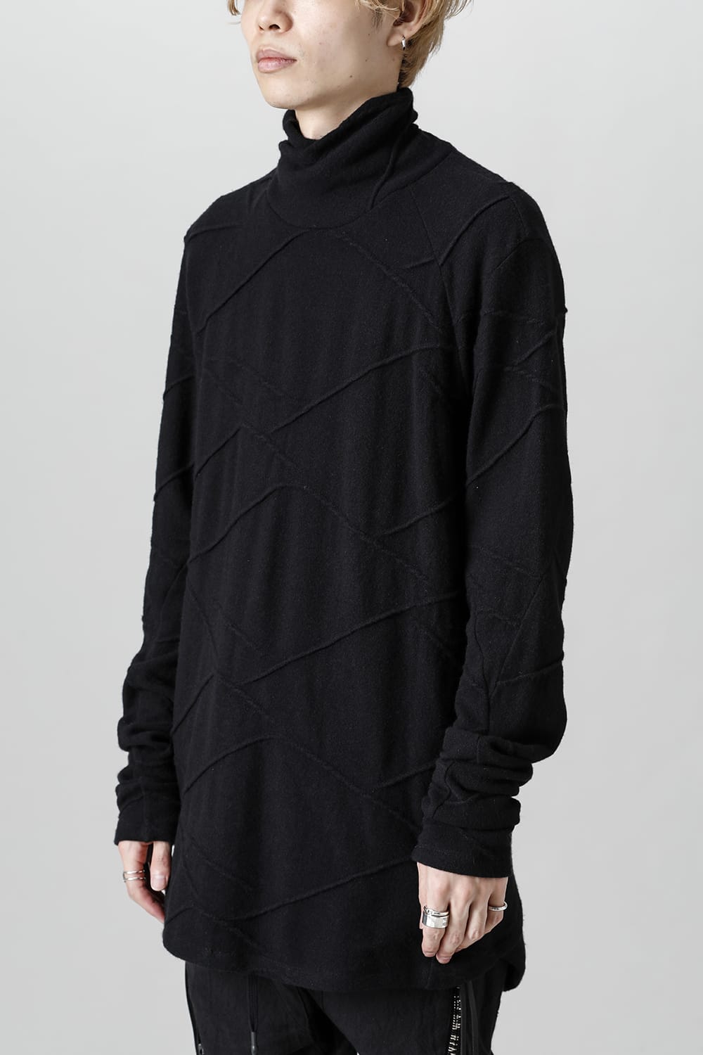 Cashmere x Wool Jacquard Knit Cross High-Neck Long Sleeve T-Shirt